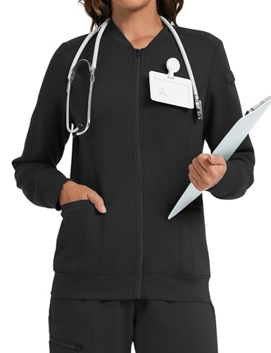 LOMON Scrub Jackets for Women Zipper Bomber Jacket Medical Nurse Coats with Pockets