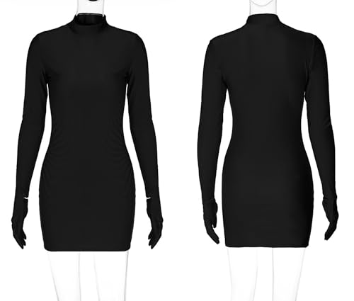 Caviotess Women's Sexy Turtleneck Mini Dress with Gloves Long Sleeve Bodycon Dress Party Festival Outfit Clubwear