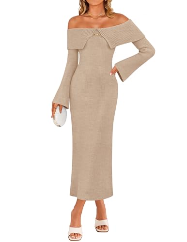 ZESICA Women's Spring Off Shoulder Sweater Dress 2026 Bell Long Sleeve Ribbed Knit Bodycon Formal Maxi Dresses