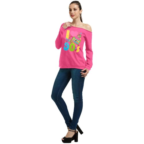 QLIPIN 80s 90s Outfits for Women 80's Theme Party Long Sleeve Shirt 90s Off the Shoulder Sweatshirt Retro Neon Disco Pullover