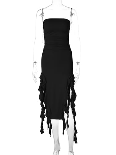 Women Summer Elegant Strapless Tube Midi Bodycon Dresses Irregular Ruffle Tassel Party Dress