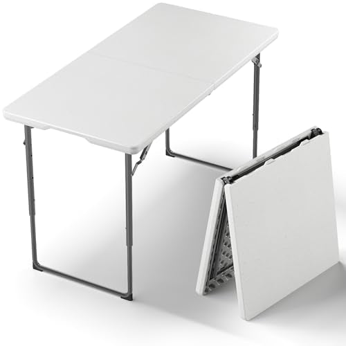 Folding Table, 4FT Foldable Picnic Table with Adjustable Height, Heavy Duty Fold-in-Half Portable Table for Weddings, Camp...