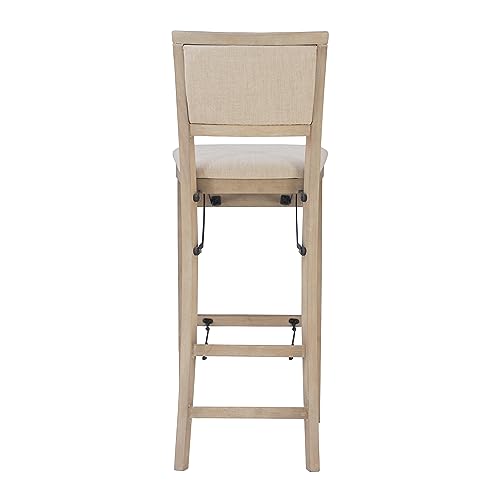 Linon Keira Natural Rustic Wooden Folding Barstool with Beige Upholstered Seat and Back