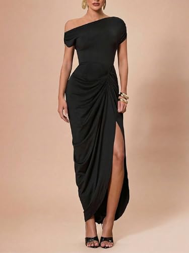 Floerns Women's Elegant Long Dress Asymmetrical Off Shoulder Ruched Slit Bodycon Cocktail Dresses