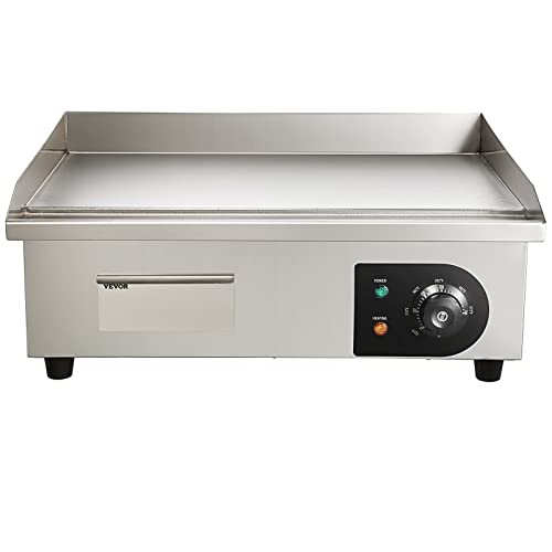 VEVOR Commercial Electric Griddle, 22", 1600W Countertop Flat Top Griddle, Stainless Steel Teppanyaki Grill w/Iron Cooking Plate, 122-572℉ Adjustable Temp Control 2 Shovels & Brushes, 110V