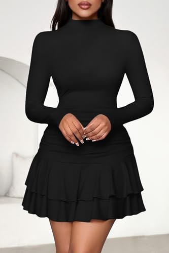 PRETTYGARDEN Womens Spring Long Sleeve Dresses 2026 Mock Neck Ruched Y2K Clothes Ruffle Layered Bodycon Mini Party Dress