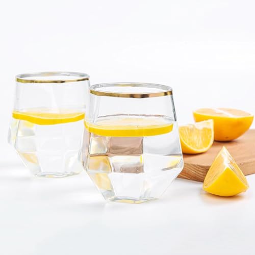 Hyuetrsa 40 Pcs Plastic Wine Cups,12 Oz Gold Rim Plastic Diamond Wine Glass Disposable Stemless Wine Glasses Unbreakable D...