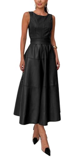 CHARTOU Women PU Faux Leather Sleeveless Elegant Flowy Long Dress Party Night Out Dress with Belt