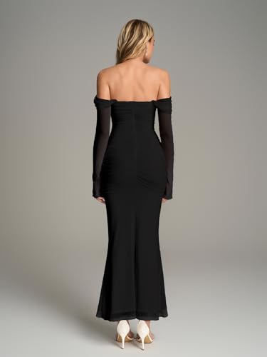 KUTUMAI Off Shoulder Long Sleeve Maxi Dress Corset Bodycon Ruched Cocktail Formal Wedding Guest Dresses for Women
