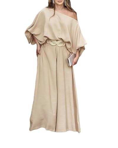CHICME Women Summer 2 Piece Outfits Off Shoulder Lantern Sleeve Top Flowy Wide Leg Pants Set
