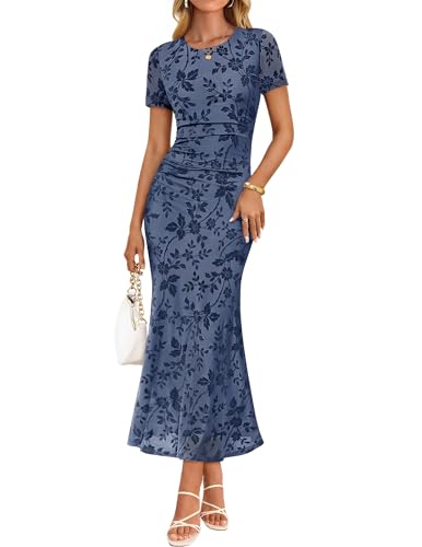 ZESICA Women's Summer Short Sleeve Floral Bodycon Dress 2026 Ruched Mesh Wedding Guest Cocktail Party Maxi Dresses