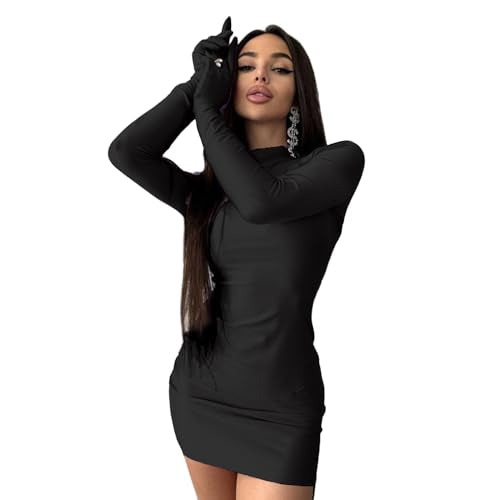 Caviotess Women's Sexy Turtleneck Mini Dress with Gloves Long Sleeve Bodycon Dress Party Festival Outfit Clubwear