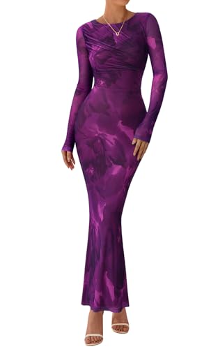 PRETTYGARDEN Women's Long Sleeve Floral Fall Wedding Guest Dress Casual Crewneck Ruched Bodycon Mesh Long Maxi Dresses