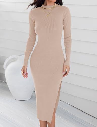 ZESICA Women's 2026 Ribbed Knit Dress Long Sleeve Mock Neck Slim Fit Side Slit Fall Elegant Sweater Dresses