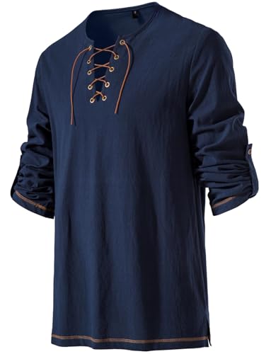 JEMITOP Men's Pure Cotton Vintage Lace Up Shirts for Pirate Renaissance Viking Medieval Costume Without Belt