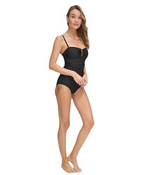 DKNY Women's U-Wire Bandeau One Piece Swimsuit with Tummy Control, Black, Medium