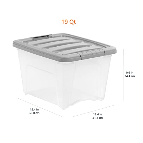 Amazon Basics Plastic Storage Containers with Secure Latching Lids, Stackable Organization Bins, Clear/Grey, 19 Quart, Set of 6