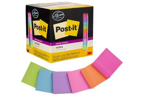 Post-it Super Sticky Notes, Assorted Bright Colors, 3x3 in, 15 Pads/Pack, 45 Sheets/Pad, 2X The Sticking Power, Recyclabl...