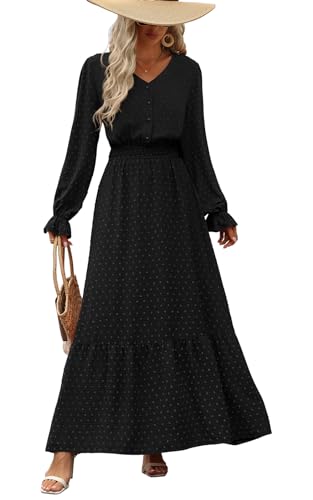 PRETTYGARDEN Women's 2025 Maxi Dress Long Sleeve V Neck Flowy Swiss Dot High Waist Casual A Line Fall Wedding Guest Dresses