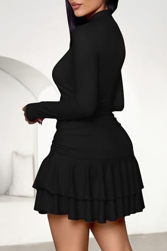 PRETTYGARDEN Womens Spring Long Sleeve Dresses 2026 Mock Neck Ruched Y2K Clothes Ruffle Layered Bodycon Mini Party Dress