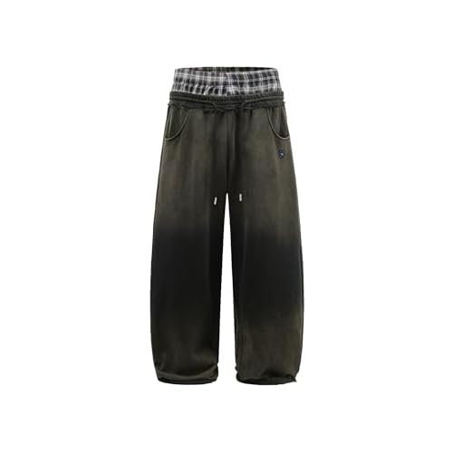 Aelfric Eden Double Waist Washed Baggy Sweatpants Loose Wide Leg Plaid Patchwork Casual Pants with Pockets