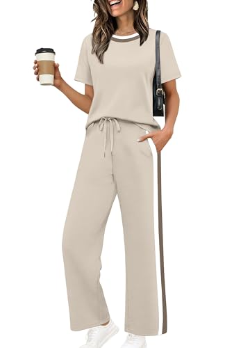 WIHOLL 2 Piece Lounge Sets for Women Matching Set Summer Outfits Short Sleeve Tops Wide Leg Pants with Pockets