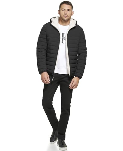 Calvin Klein Men's Lightweight Packable Down Jacket With Fleece Bib and Removable Hood