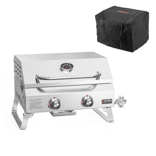 Onlyfire Tabletop Gas Grill 2 Burners and Grill Cover Bundle, 20" Stainless Steel Portable Propane Grill with Foldable Leg...