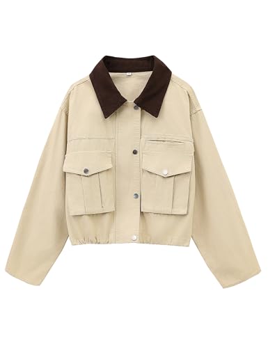 Megfie Womens Cropped Jacket Contrast Collar Utility Coat Cargo Jacket Barn Jacket Outwear with Pockets
