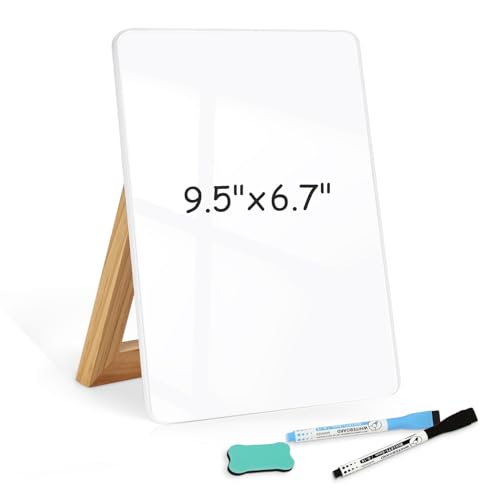 WALGLASS Desktop Glass White Board 9.5"x 6.7" with Reversible Wood Stand, Small Dry Erase Board, Portable Whiteboard for D...