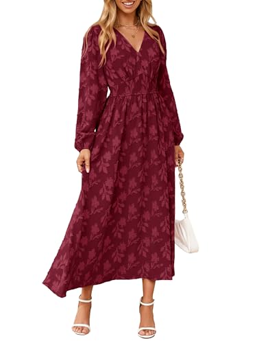 Simplee Womens Boho Floral Long Sleeve Maxi Dress V Neck Empire Waist Fall Wedding Guest Dresses with Pockets