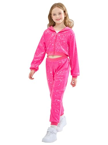 LOLANTA 2Pcs Girls Dance Outfits Cropped Sequin Jacket Pants Set, Kids Hip Hop Dance Costumes for 80s 90s Party 5-15 Years