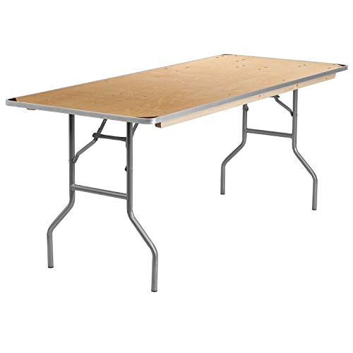 Flash Furniture Fielder 6-Foot Rectangular HEAVY DUTY Birchwood Folding Banquet Table with METAL Edges and Protective Corn...