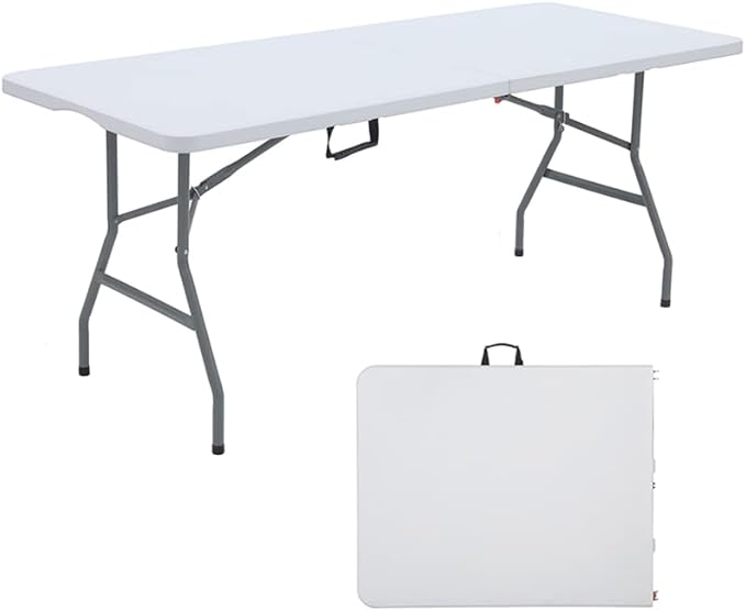 ANJONG ANJ 6FT Dining Table, Foldable Plastic Utility Table, Indoor Outdoor Camping, Picnics and Parties, White, Load Capa...