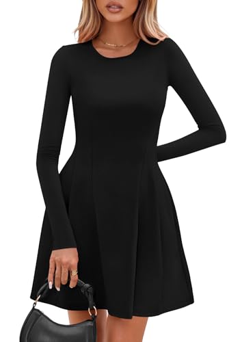 PRETTYGARDEN Long Sleeve Mini Dress for Women 2026 Spring Crewneck Knit Pleated Babydoll A Line Casual Short Party Dresses
