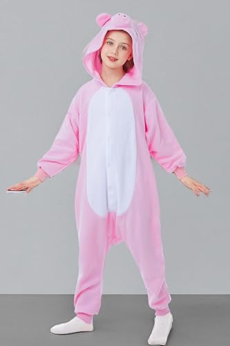 CANASOUR Pig Onesie Kids Halloween Cosplay Costume Girls One Piece Pjs Anime Unisex Hoodie Pajamas Pink For 10-12 Years Boys Party Pyjamas (Height 56-59”, 10 Years, Pig)