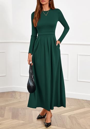 BTFBM Long Sleeve Dress for Women Spring Clothes 2026 Pockets Business Casual Pleated Fall Wedding Guest Dresses