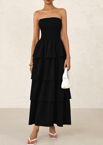 PRETTYGARDEN Maxi Dresses for Women 2025 Summer Off Shoulder Smocked Tiered Ruffle Long Flowy Wedding Guest Dress
