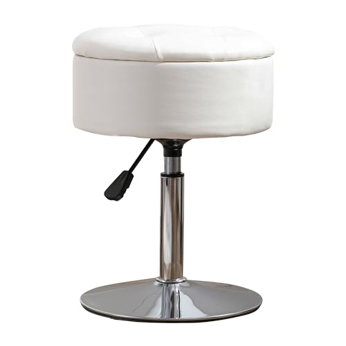 LUE BONA 360°Swivel Vanity Stool Chair for Makeup Room, Height Adjustable Stool for Vanity with Storage, Small White Faux Leather for Bathroom, Living Room