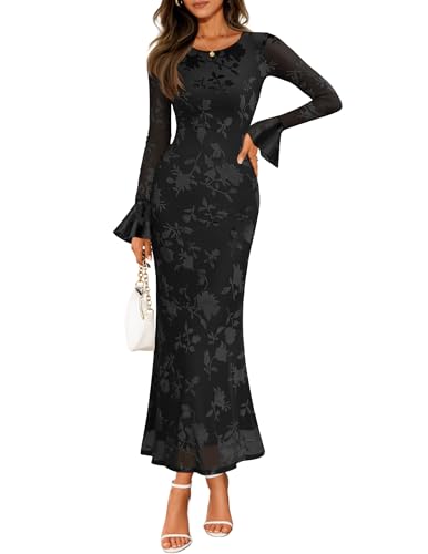 ZESICA Women's 2026 Bell Long Sleeve Floral Maxi Dress Spring Fashion Bodycon Mesh Wedding Guest Cocktail Party Dresses