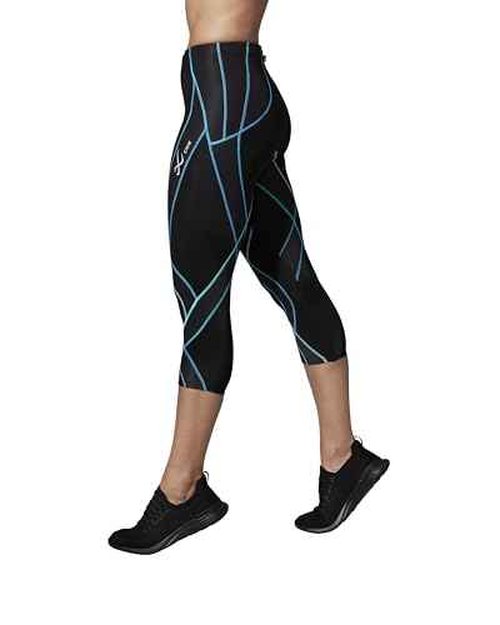 CW-X Women's Endurance Generator Joint and Muscle Support 3/4 Compression Tight, High Performance Capris for Running & Weight Lifting, Black/Cyan, X-Small