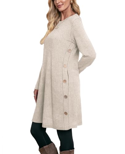 OFEEFAN Fall and Winter Tunic Dress with Pockets Long Sleeve Crew Neck Buttons Side