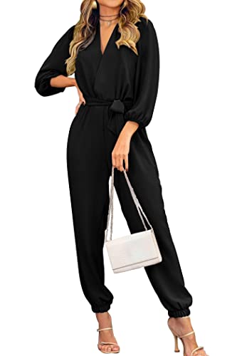 PRETTYGARDEN Women's Fall Jumpsuits Dressy Casual Pants Romper Spring Long Sleeve V Neck Belt Pockets One Piece Outfits