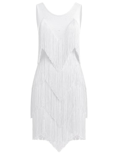 IWEMEK Rhinestones Layered Fringe Dress Ballroom Latin Dance Dress for Women Tiered Tassel Flapper Dresses Dancing Costume
