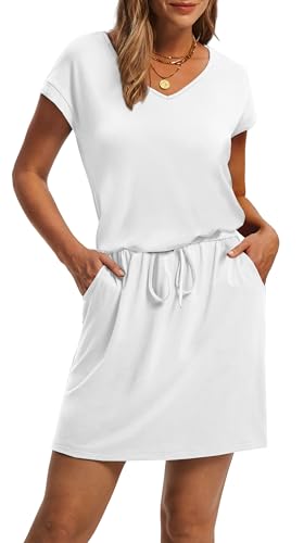 OFEEFAN Summer Dresses for Women 2026 V Neck T Shirt Casual Mini Dresses Tie Waist Sundresses with Pockets