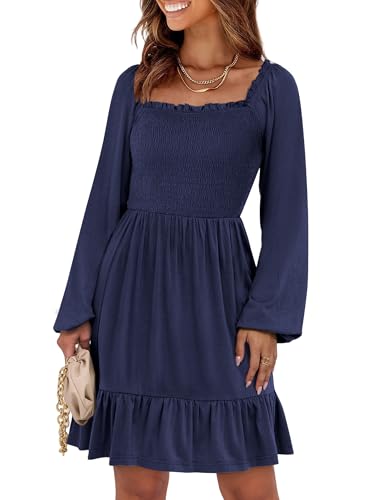 ANRABESS Womens Long Lantern Sleeve Square Neck Dress Smocked Tiered High Waist Ruffle Flowy Swing 2026 Spring Short Dresses