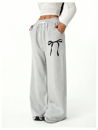 Verdusa Girl's Bowknot Baggy Sweatpants Lightweight Straight Leg Athletic Pants with Pockets