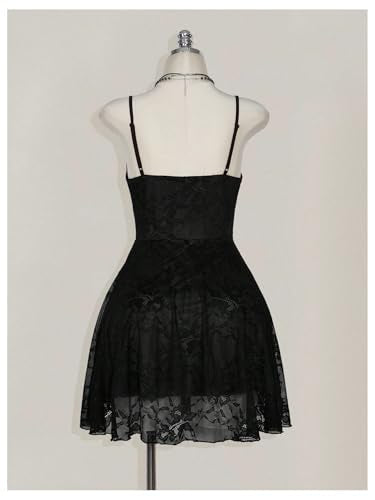 BEAUDRM Women's Plus Size Y2k Floral Gothic Dress Mesh Lace Goth A Line Mini Dresses Grunge Ruched Short Cami Sundress