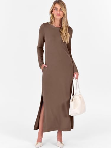 ANRABESS Women Long Sleeve Dresses 2025 Fall Casual Crewneck Loose Fit Split Flowy Wrinkle-Free Travel Vacation Maxi Dress