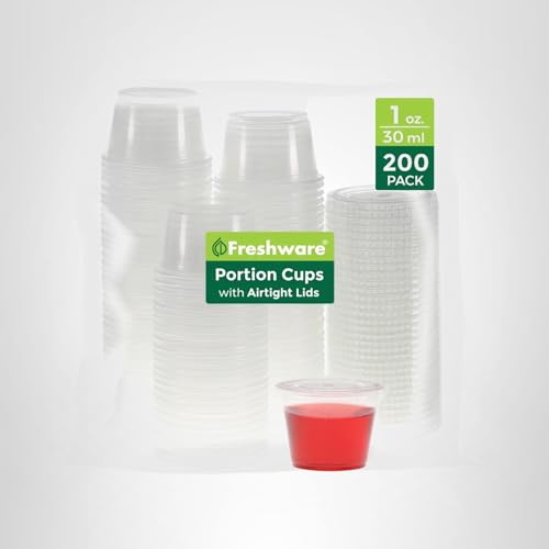 Freshware Plastic Portion Cups with Lids [1 Ounce, 200 Sets] Disposable Plastic Cups for Meal Prep, Salad Dressing, Jellos Shot Cups, Souffle Cups, Condiment and Dipping Sauce Cups